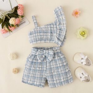 Children Kids Toddlers Girls Plaid Sleeveless Suspender Top And Shorts 2pcs Set