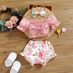 Baby Girls Sweet Off-the-shoulder Puff Sleeve Bow Top And Flower Print Shorts Two-piece Set