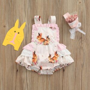 Toddlers Newborn Baby Fashion Girls Ruffle Sleeve Easter Bunny Print Bodysuit