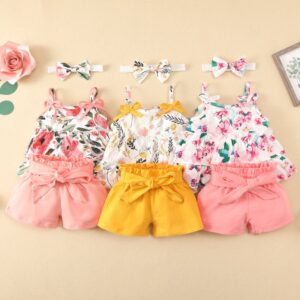 Baby Girls Pastorale Floral All Over Print Sleeveless Top And Elastic Shorts With Headband Three-piece Set