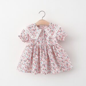 Girls Pastoral Lapel Lace Short Sleeve Floral All Over Print Dress