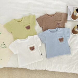Baby Cute Cartoon Bear Round Neck Short Sleeve T-Shirt And Elastic Waist Shorts Set