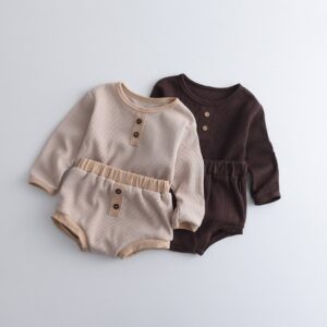 Baby Casual Solid Color Round Neck Long-sleeved Top And Shorts Set