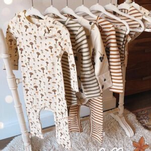 Baby Casual Round Neck Long Sleeve Mushroom Fruit Plant Pattern Jumpsuit