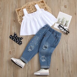 Kids Girls Basic Solid Color Ruffled Sleeveless Top And Beads Ripped Hole Denim Pants With Headband Set