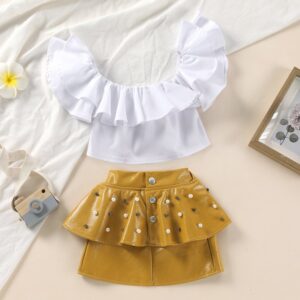 Kids Girls Personalized Off-the-shoulder Ruffled Top And Pearl Design PU Skirt Set