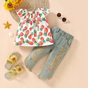 Toddlers Newborn Baby Fashion Girls Pineapple One Shoulder Top And Ripped Jeans 2pcs Set