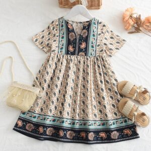 Children Kids Baby Fashion Girls Short Sleeve Print V-Neck Princess Holiday Dress
