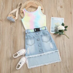 Girls Color Tie-dye Vest And Tassel Irregular Design Denim Skirt Set