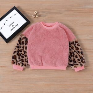Girls Basic Round Neck Long Sleeve Leopard Plush Sweatshirt