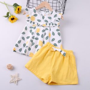 Girls Basic Leaf Stringy Selvedge Sleeveless T-Shirt And Solid Color Shorts Two-piece Set