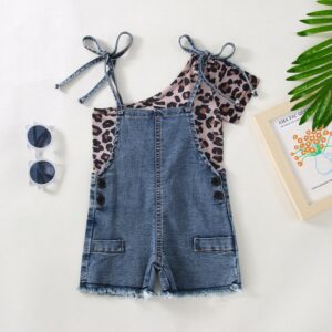 Toddler Newborn Baby Infant Girls Leopard Slanted Shoulder Top And Denim Shorts 2pcs Set