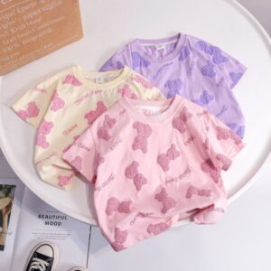 Children Kids Toddlers Girls Short Sleeve Bear Print T-Shirt