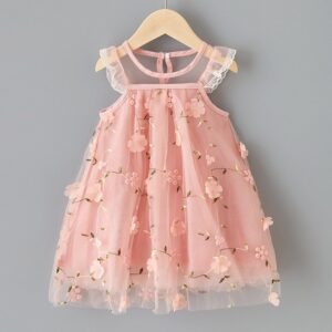 Kids Girls Basic Flower Embroidered Lace Mesh Gauze Round Neck Dress