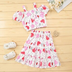 Kids Girls Valentine's Day Heart Print Shorts Top Print Short Sleeve Long Skirt Two Piece Set