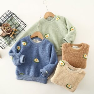 Kids Casual Round Neck Long Sleeve Fruit Pattern Plush Sweatshirt