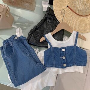 Children Kids Baby Fashion Girls Sleeveless Suspenders Top And Denim Loose Pants 2pcs Set