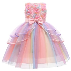 Girls Cute Sleeveless Flower Bow Color Mesh Princess Party Dress
