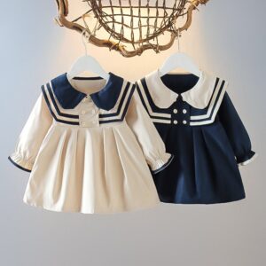 Kids Baby Girls Spring Autumn Casual Cute Preppy Stripe Long Sleeve Peter Pan Collar Dress