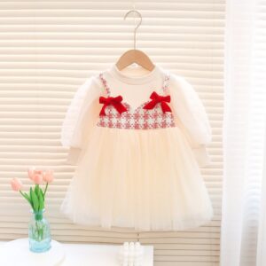 Kids Baby Girls Spring Autumn Fashion Casual Mesh Lace Bow Long Sleeve Dress