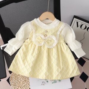 Kids Baby Girls Casual Cute Sweet Bow Quilted Long Sleeve Dress