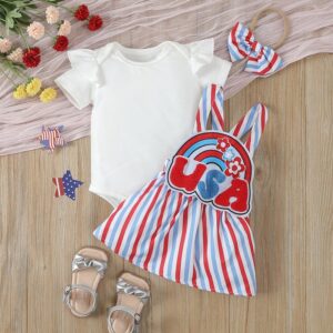 Kids Baby Girls Casual Cute Party Independence Day Solid Color Romper Letter Stripe Suspender Dress Set