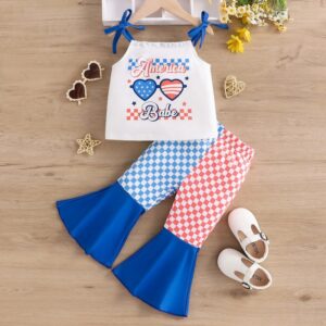 Kids Baby Girls Casual Cute Party Independence Day Letter Camisole Plaid Flare Trousers Set