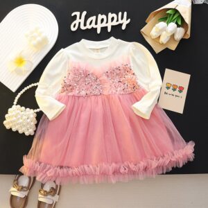 Kids Baby Girls Casual Cute Sequins Mesh Long Sleeve Dress