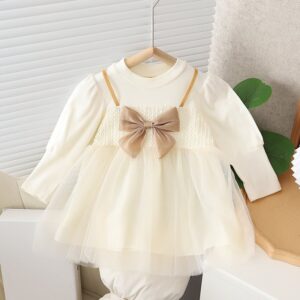 Kids Baby Girls Casual Cute Bow Long Sleeve Round Neck Mesh Dress