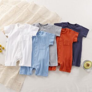 Kids Baby Boys Girls Casual Cute RIB-KIT Solid Color Short Sleeve Round Neck Romper