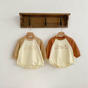 Baby Cute Color-Block Dinosaur Printed Triangle Long-Sleeved Cotton Rompers