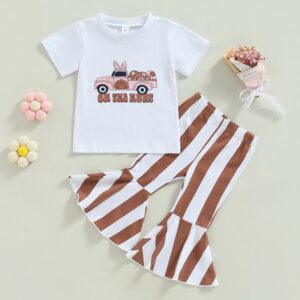 Toddlers Newborn Baby Fashion Girls Easter Round Neck Top And Stripe Flared Pants 2pcs Set
