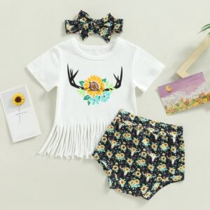 Toddlers Newborn Baby Fashion Girls Short Sleeve Cow Print Tassel T-Shirt And Print Shorts Set