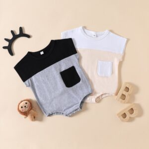 Toddlers Newborn Baby Fashion Girls Boys Short Sleeve Color Matching Pocket Bodysuit