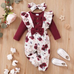 Toddlers Newborn Baby Fashion Girls Solid Color Long Sleeve Bodysuit And Floral Bunny Print Suspenders Headband 3pcs Set