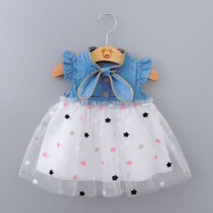 Toddlers Newborn Baby Fashion Girls Ruffle Sleeve Denim Patchwork Star Princess Dress
