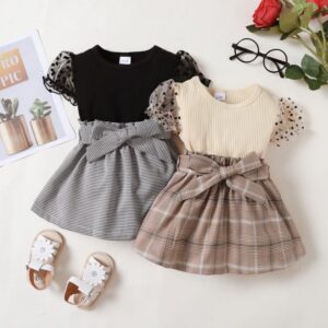Toddler Newborn Baby Infant Girls Short Sleeve Top And Plaid Skirt 2pcs Set