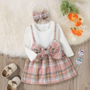 Toddler Newborn Baby Infant Girls Plaid Bow Dress And Headband 2pcs Set