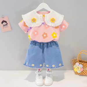 Kids Girls Floral Print Short Sleeve Shorts Two Piece Set