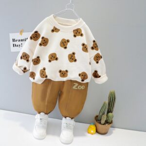 Kids Casual Bear Cartoon Print Shirt And Pants Two-Piece Suit