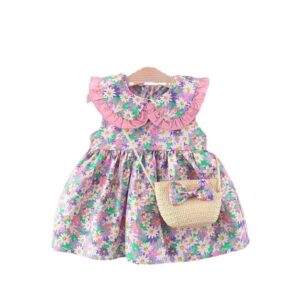 Baby Girls Pastoral Doll Collar Stringy Selvedge Design Floral All Over Print Sleeveless Dress With Bag