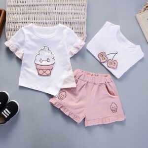 Baby Girls Basic Round Neck Short Sleeve Cartoon Ice Cream Cherry Pattern T-Shirt And Elastic Shorts Set