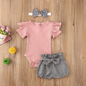 Baby Girls Round Neck Short Sleeve Ruffled Romper And Plaid Elastic Shorts With Bow Headband Set