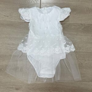 Baby Girls Sweet Solid Color Pearl Decor Mesh Gauze Waist Ruffled Romper