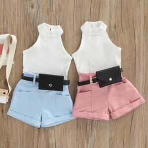 Kids Girls Basic Solid Color Sleeveless Ribbed Stand-up Collar Tops And Shorts With Small Waist Bag Set