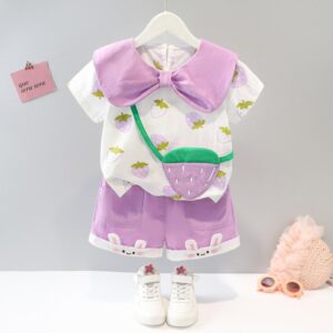 Baby Girls Cute Cartoon Strawberry Pattern Bow Lapel Neck Design Short Sleeve Fake Bag Decor Loose T-Shirt And Elastic Shorts Set
