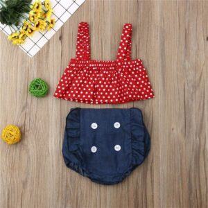 Baby Girls Basic Polka Dot All Over Print Top And Ruffled Denim Shorts Set