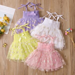 Baby Girls Sweet Sleeveless Floral Bowknot Elastic Tulle Dress