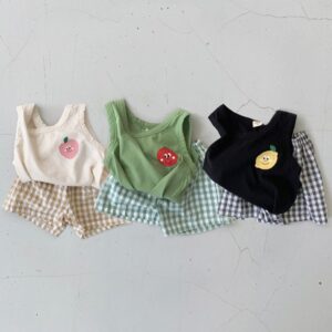 Baby Casual Cartoon Fruit Pattern Round Neck Sleeveless Loose Vest And Elastic Plaid Shorts Set