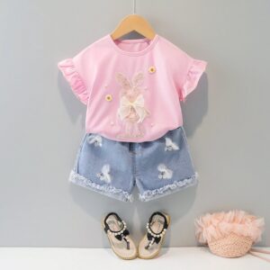 Baby Girls Round Neck Ruffled Sleeve Cartoon Rabbit Pattern T-Shirt And Elastic Denim Shorts Set